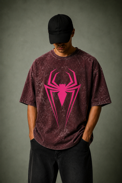 Spider Icon Acid Wash Oversized Tee
