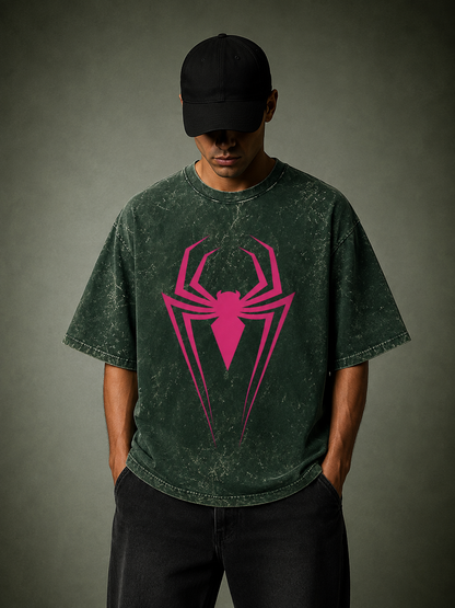 Spider Icon Acid Wash Oversized Tee