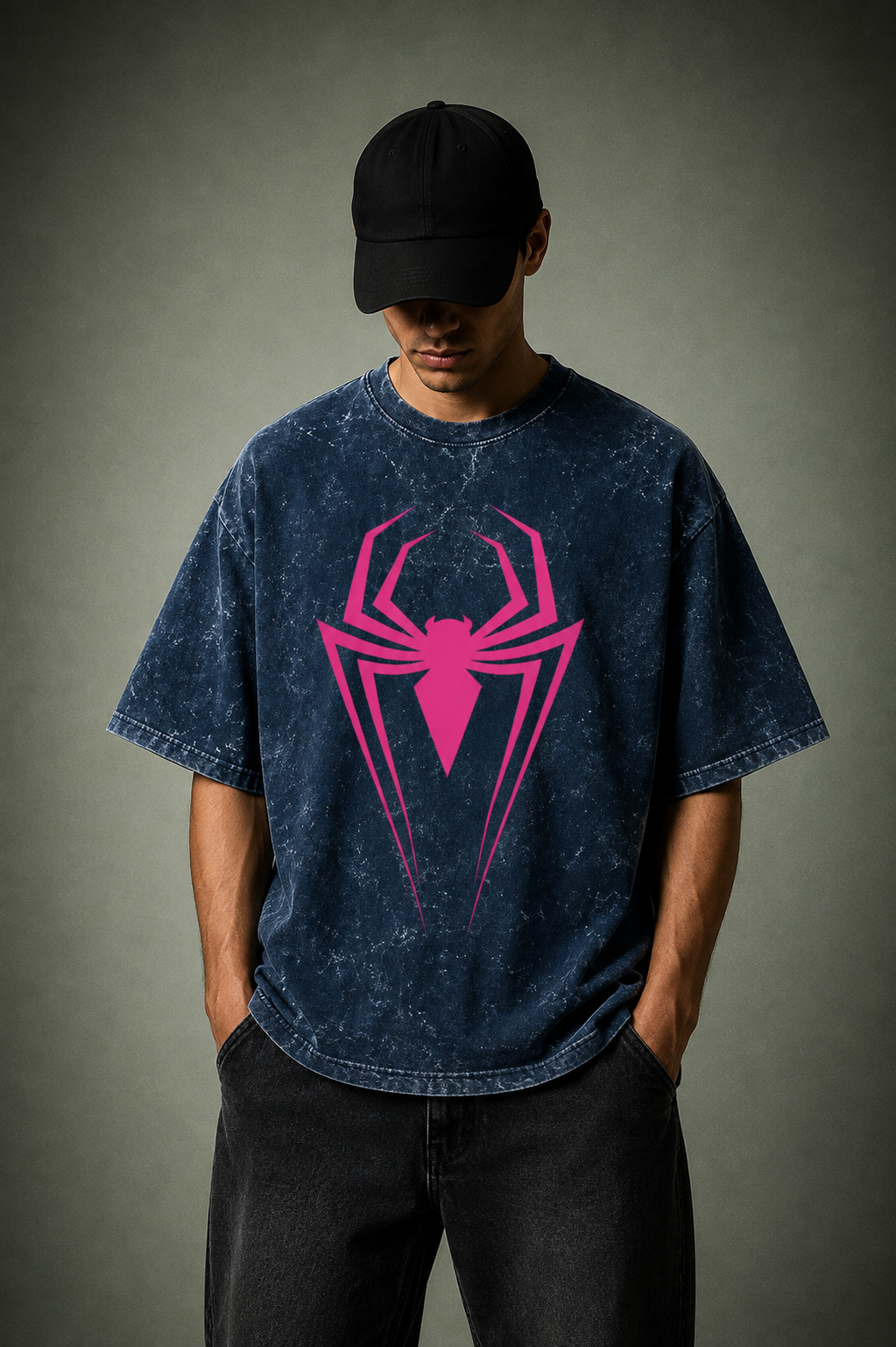 Spider Icon Acid Wash Oversized Tee