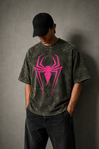 Spider Icon Acid Wash Oversized Tee